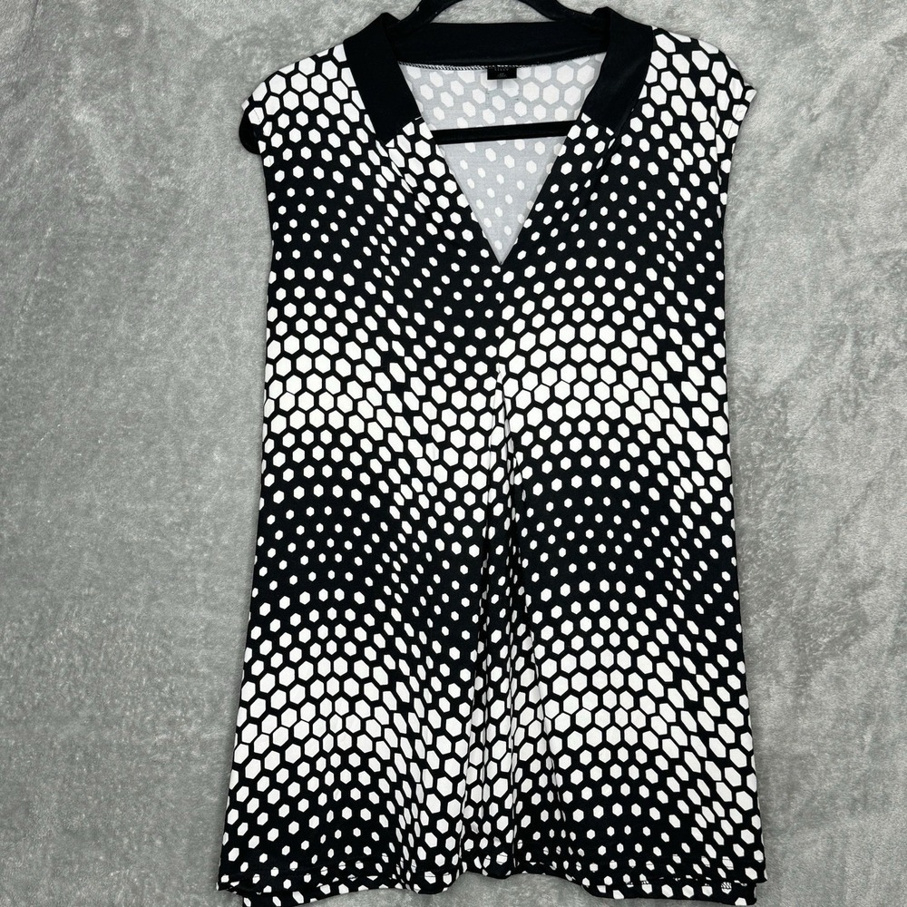 Madison Lilly 2X Shirt Top Black White Polka Dot Sleeveless V Neck Stretch Women